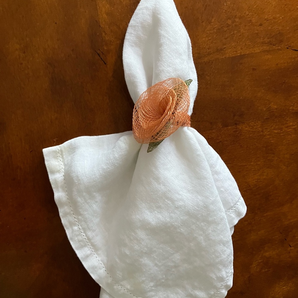 Set of 12 Orange Woven Rose Shaped with Green Leaves Napkin Rings